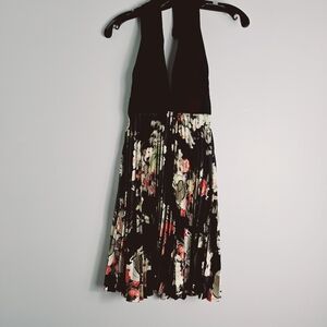 Betsy & Adam Black Floral Pleated Halter Midi Dress